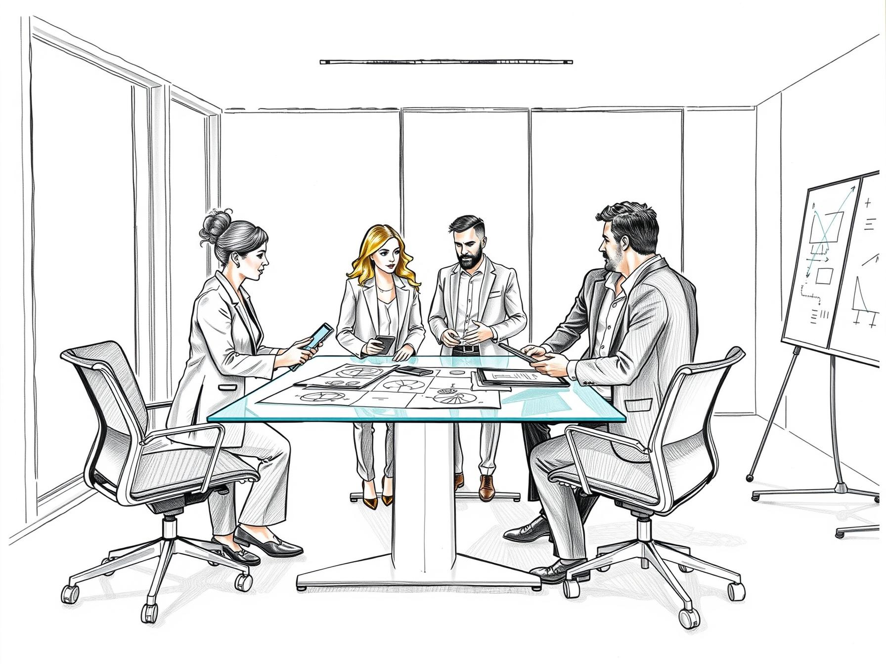 Four professionals collaborating on journey mapping for revenue enablement in a modern office four-professionals-collaborating-on-journey-mapping-for-revenue-enablement-in-a-modern-office