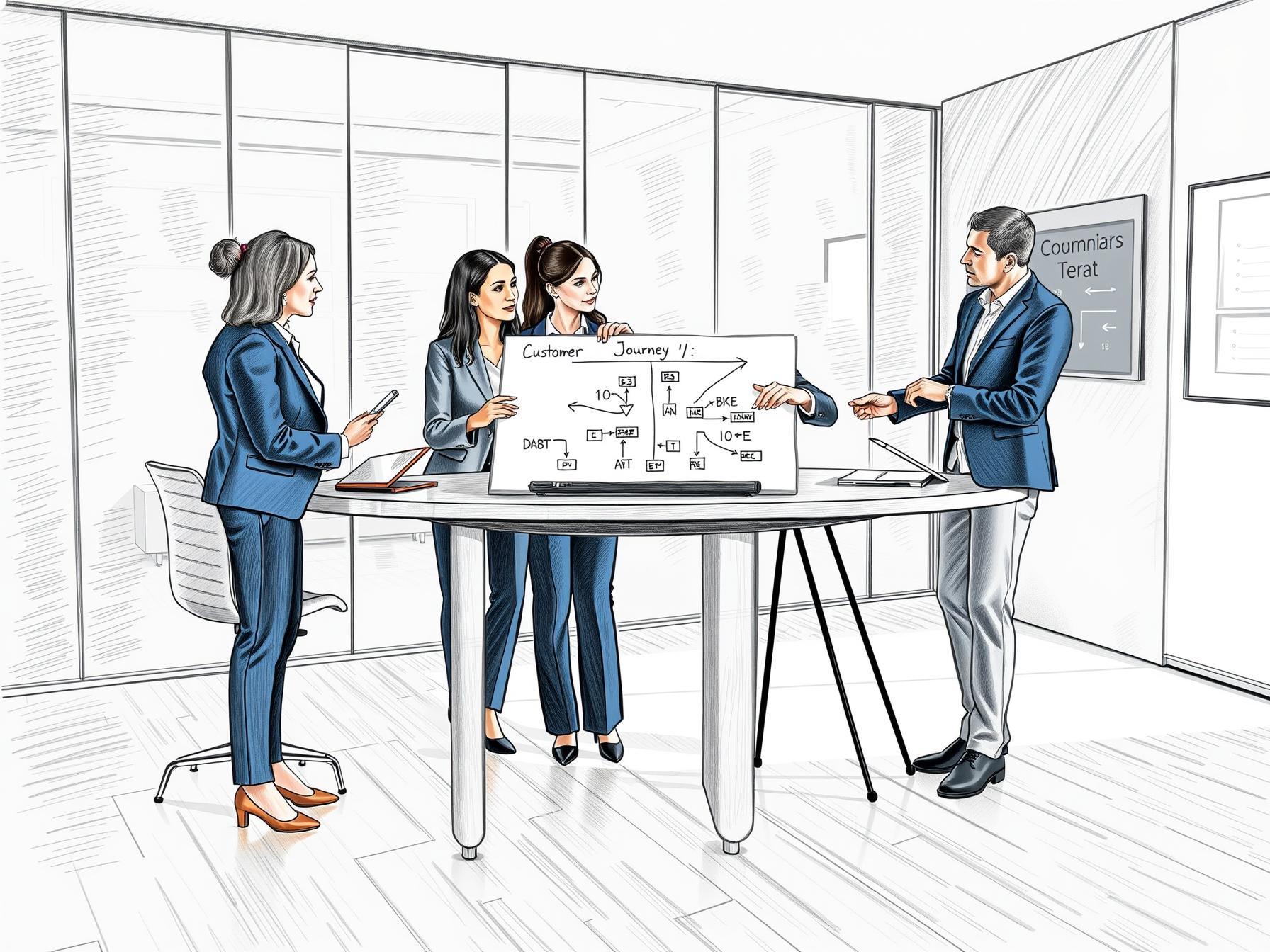 Four diverse business professionals collaborating on customer journey mapping in modern office four-diverse-business-professionals-collaborating-on-customer-journey-mapping-in-modern-office
