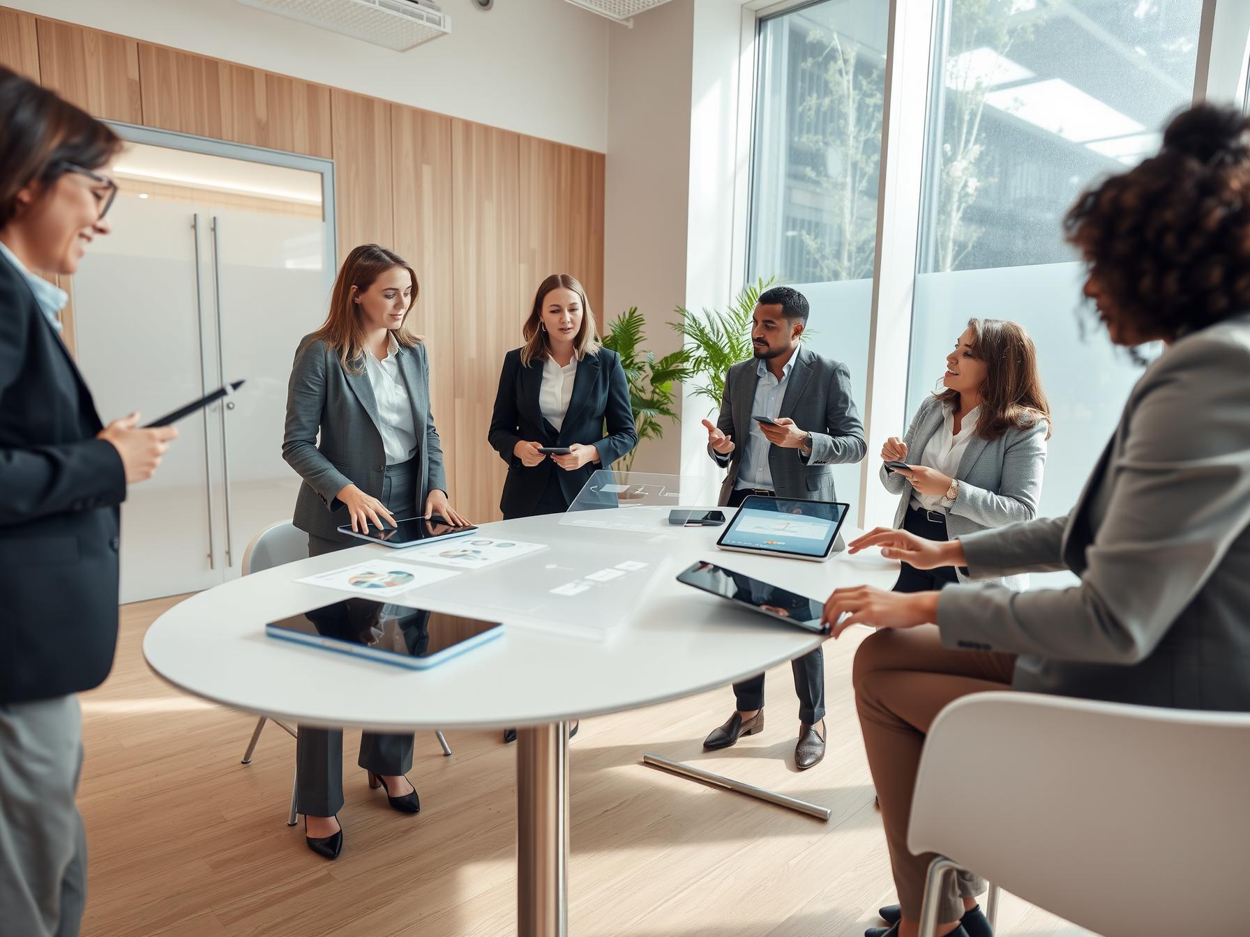 Four professionals collaborating around digital displays in a bright Scandinavian innovation lab