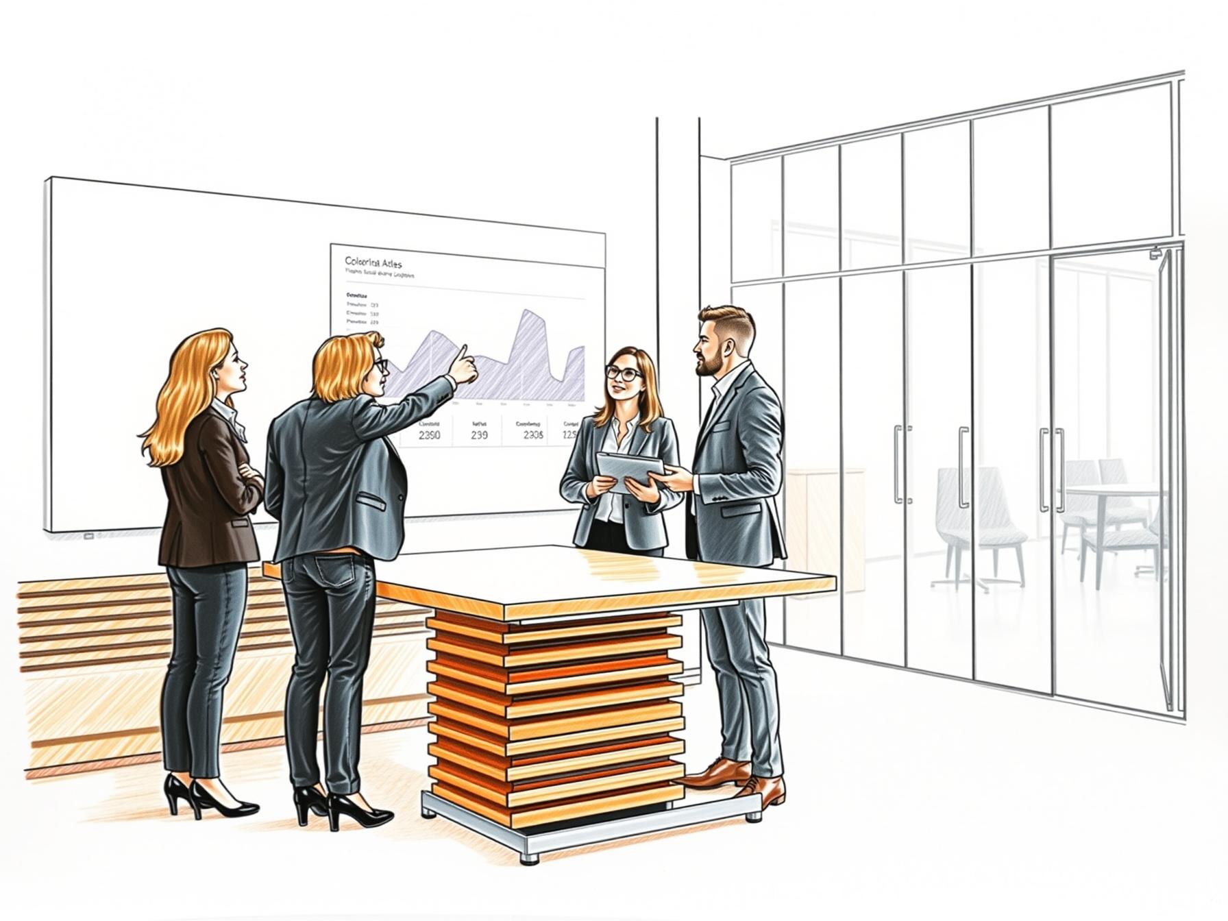 Four diverse business professionals collaborating around digital sales technology dashboard in modern office four-diverse-business-professionals-collaborating-around-digital-sales-technology-dashboard-in-modern-office