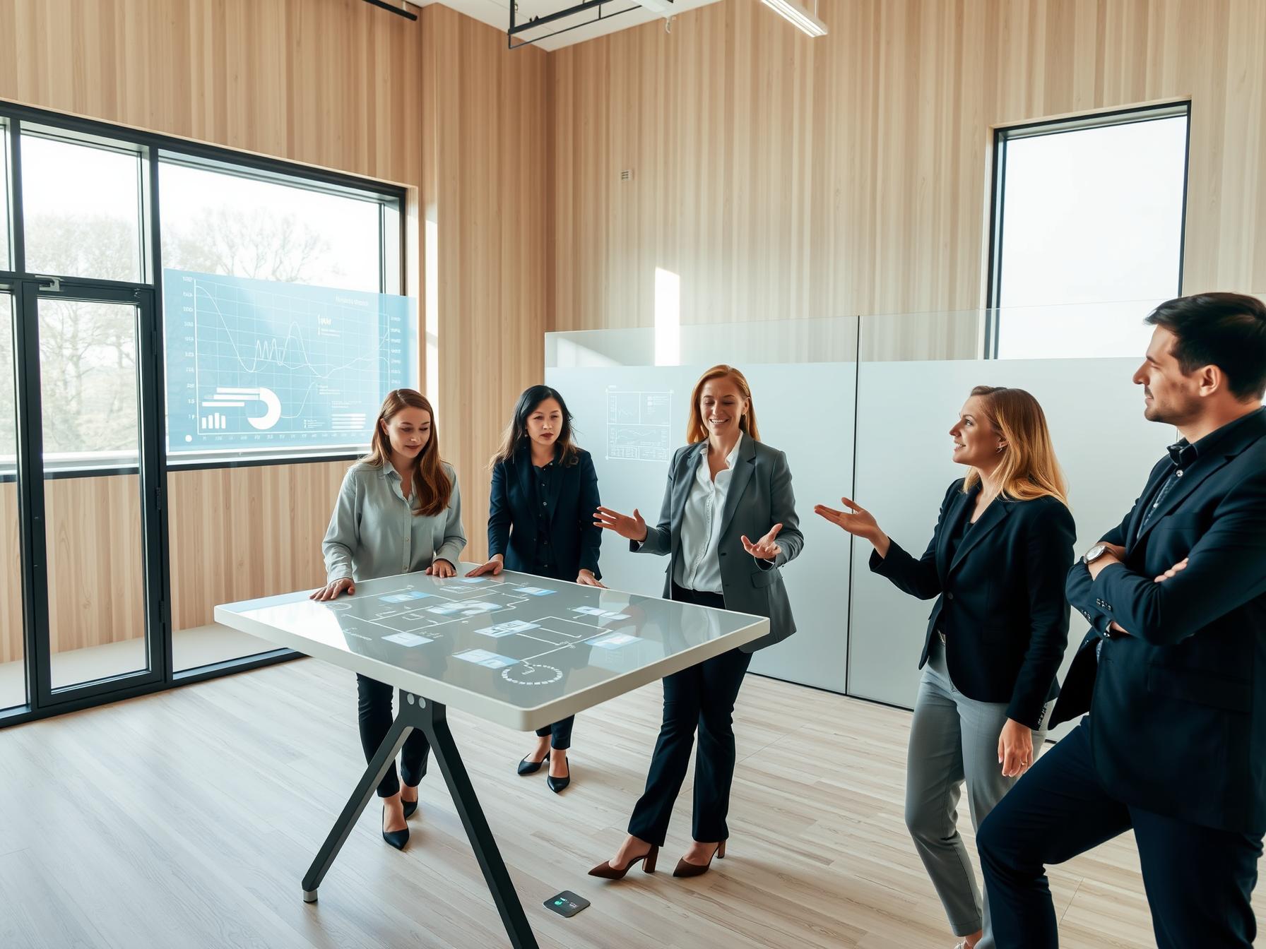 Four diverse professionals collaborating around holographic displays in a Scandinavian-tech innovation lab Four professionals collaborating around holographic displays in a bright Scandinavian-tech innovation lab