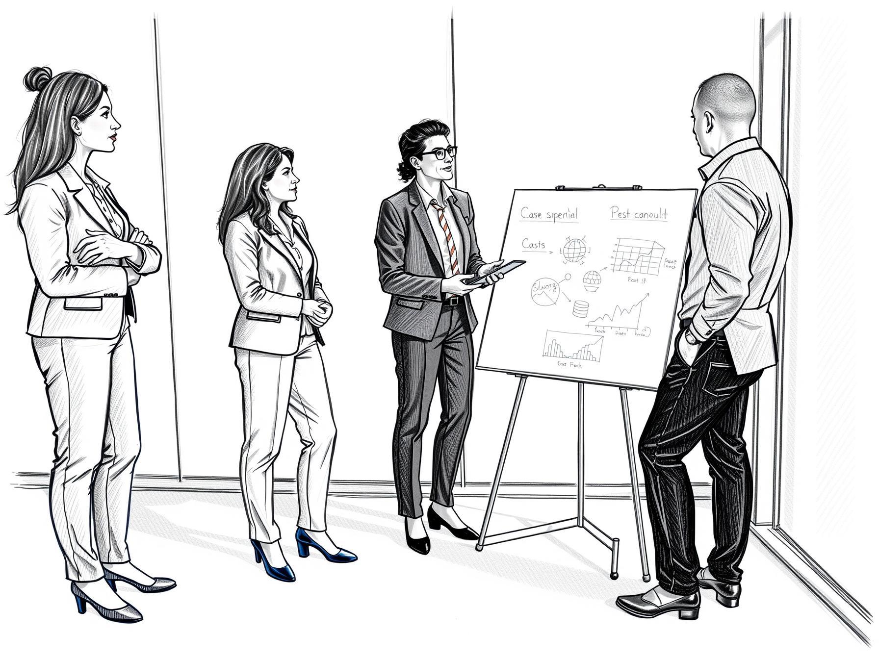 Four professionals collaborating in office during data management training session by glass whiteboard four-professionals-collaborating-in-office-during-data-management-training-session-by-glass-whiteboard