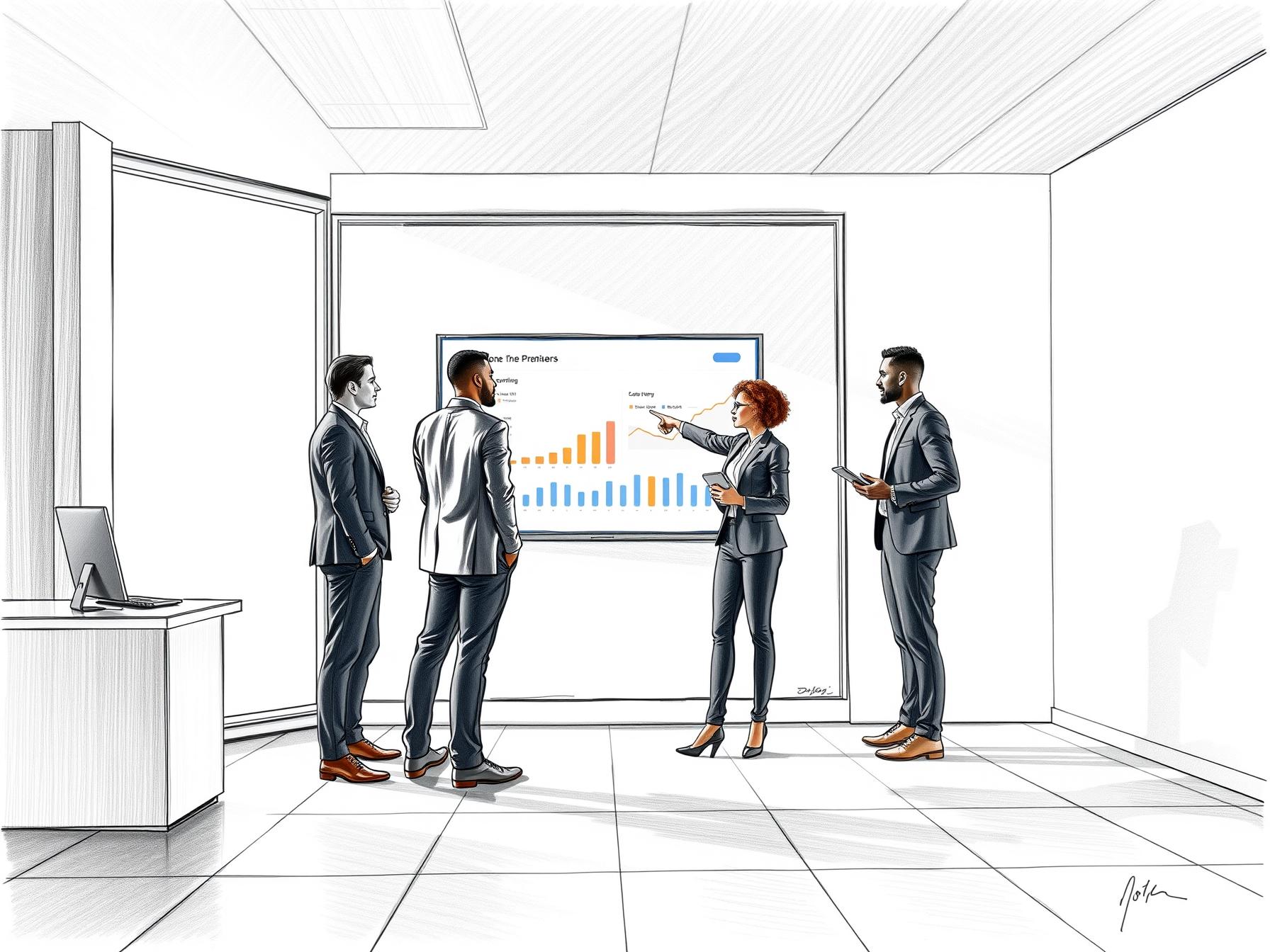 Four professionals collaborating on consulting-led change management for tech adoption in modern office four-professionals-collaborating-on-consulting-led-change-management-for-tech-adoption-in-modern-office