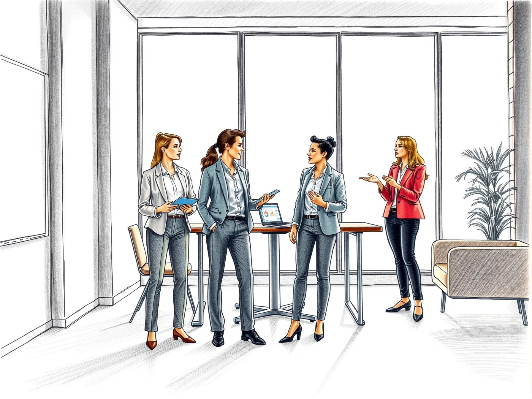 Four diverse professionals in a modern office engaged in collaborative discussion with tablet and glass partition