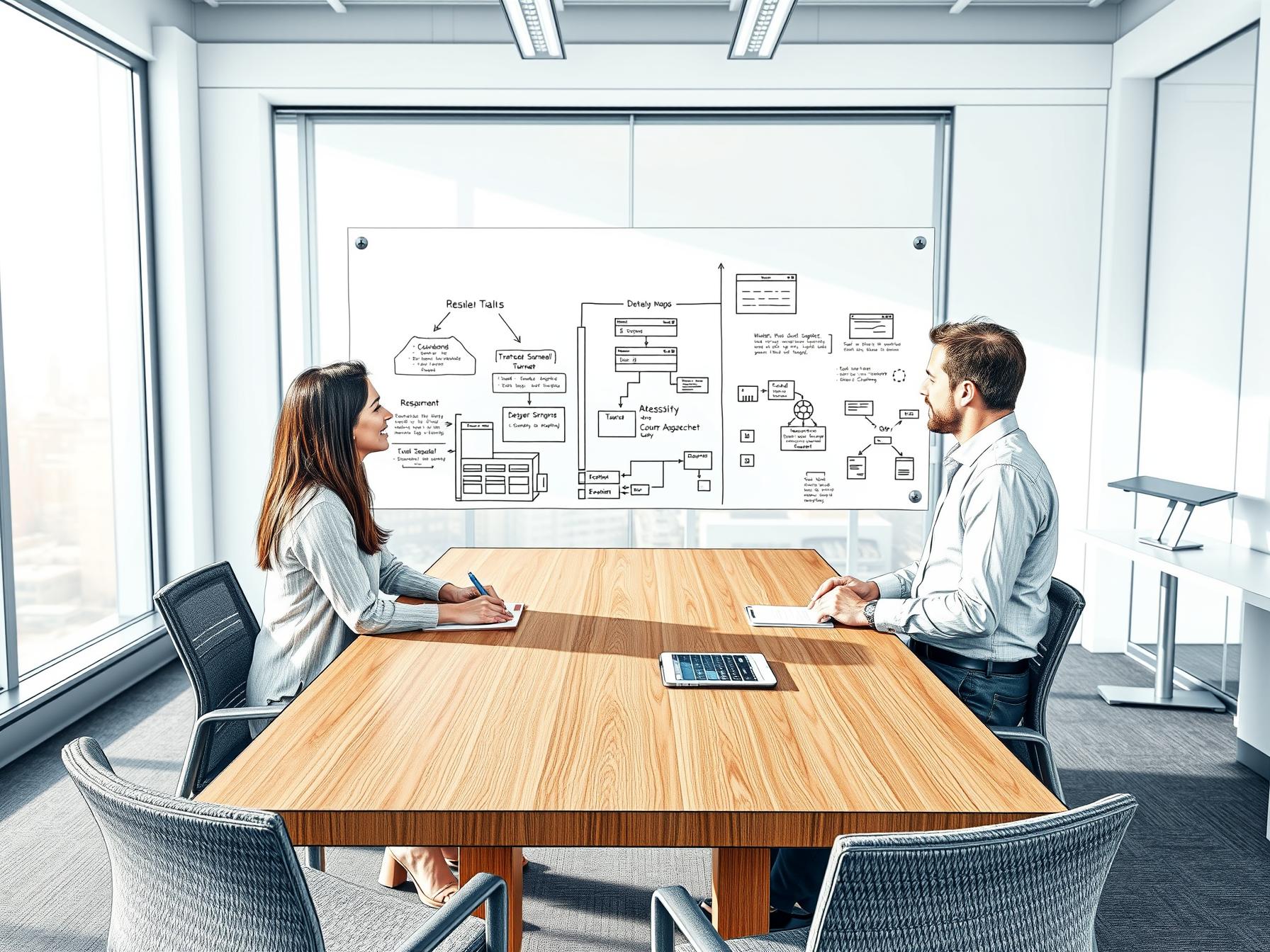 four-business-professionals-collaborating-around-a-glass-whiteboard-in-modern-office
