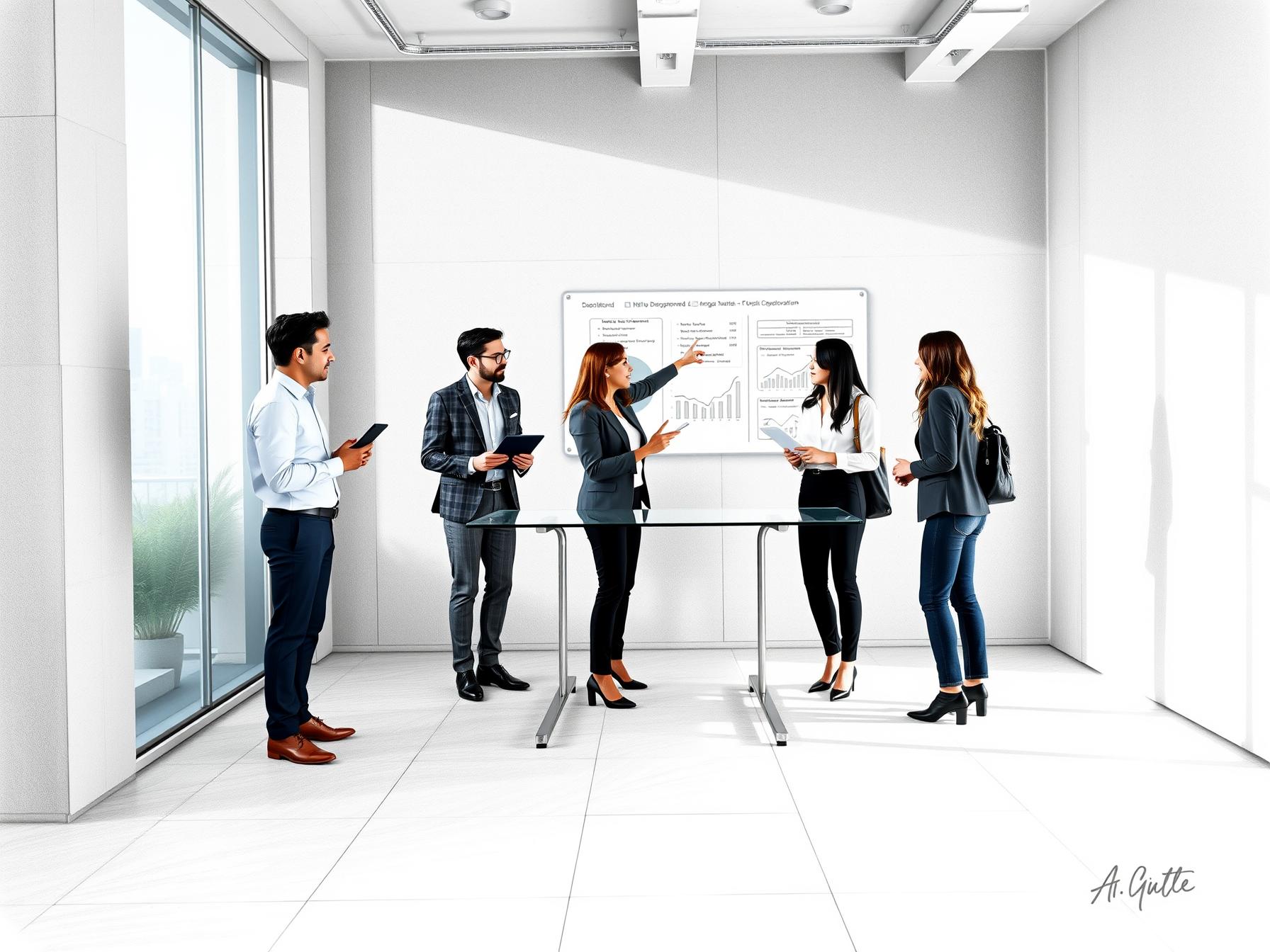 four-diverse-business-professionals-collaborating-and-reviewing-digital-data-in-a-modern-office