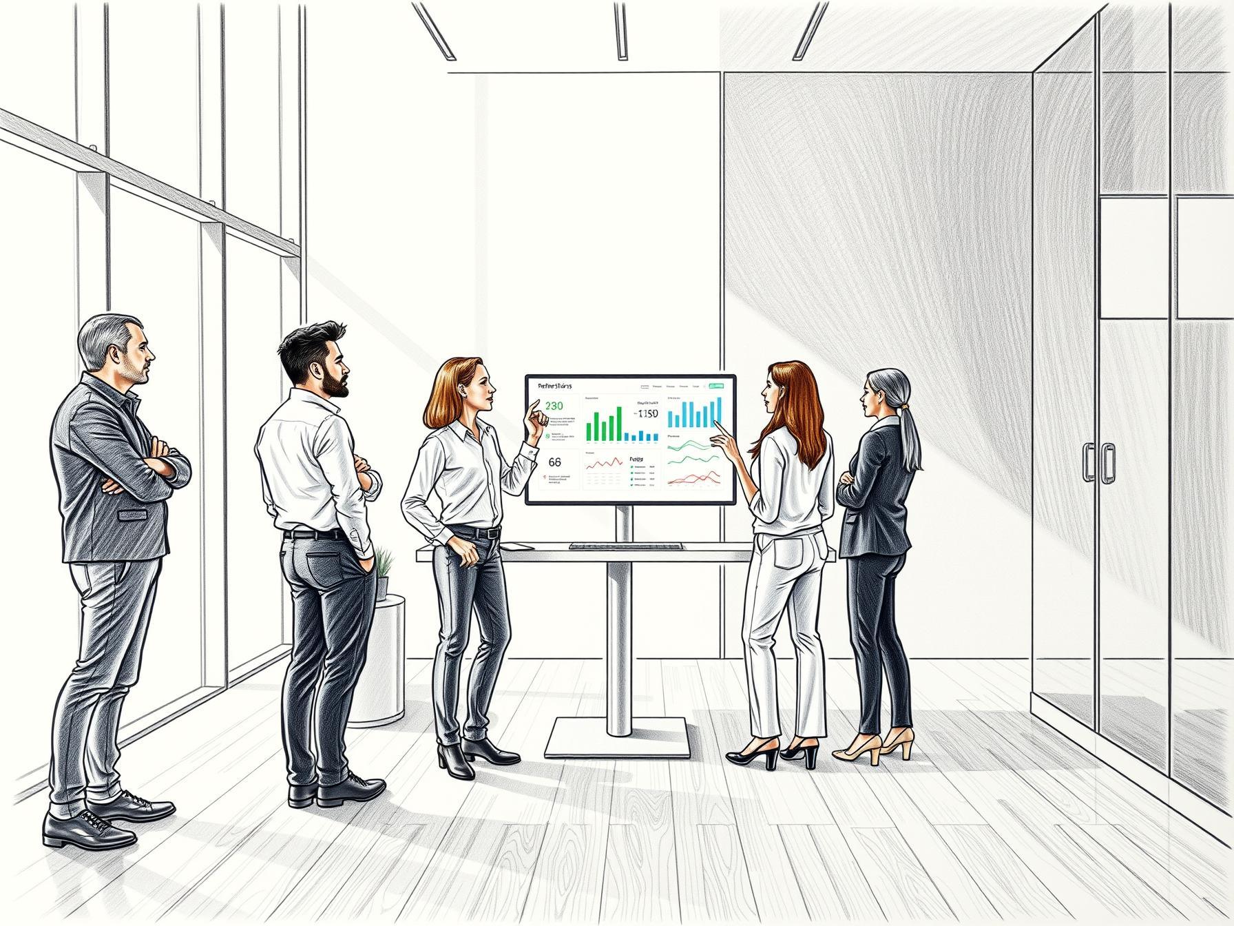 Four diverse business professionals collaborating in modern office using digital analytics dashboard four-diverse-business-professionals-collaborating-in-modern-office-using-digital-analytics-dashboard