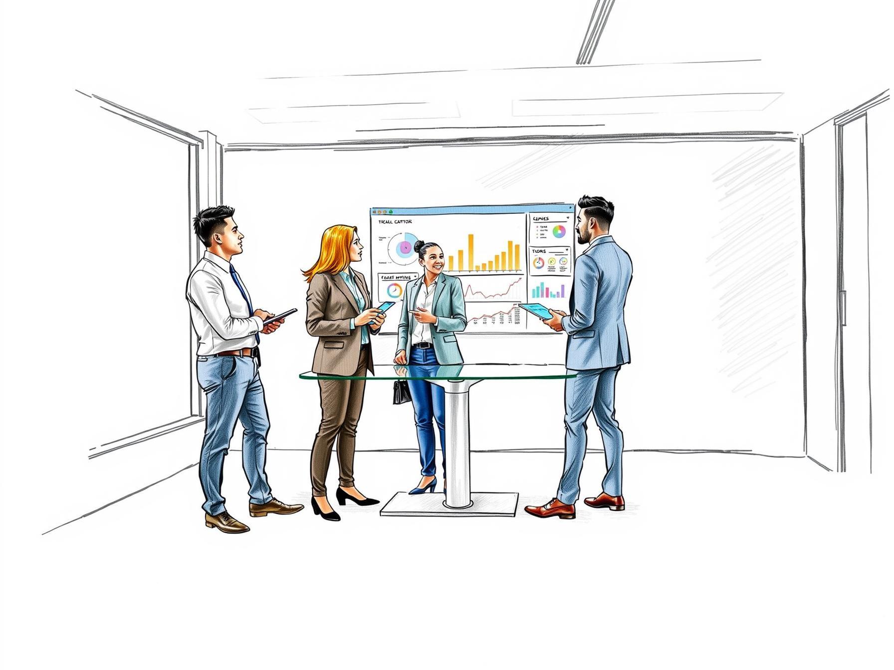 Four diverse business professionals collaborating with real-time data displays in modern office four-diverse-business-professionals-collaborating-with-real-time-data-displays-in-modern-office