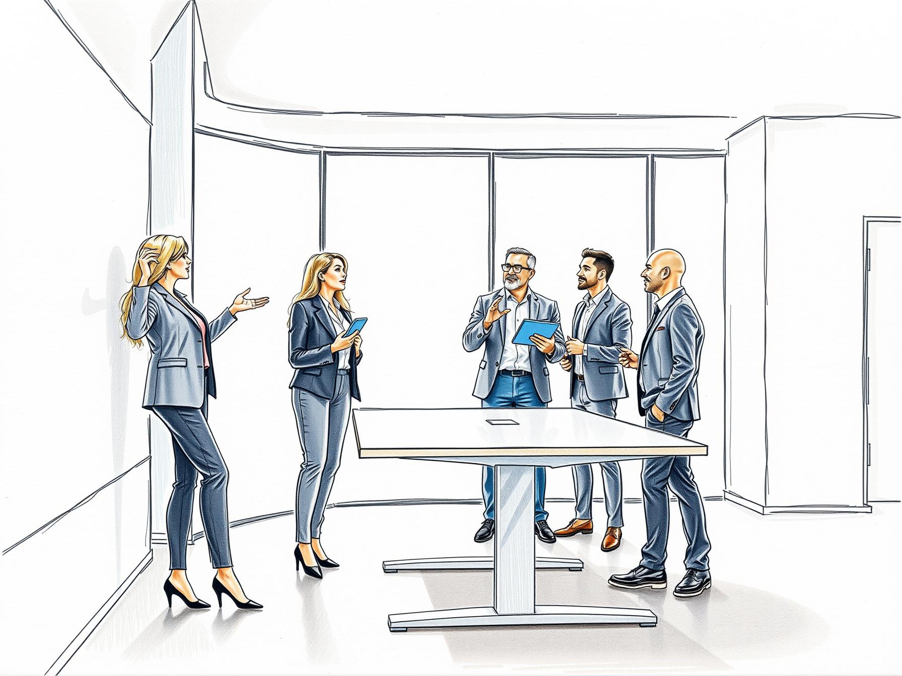 four-diverse-business-professionals-collaborating-around-standing-desk-near-window-in-modern-office-interior