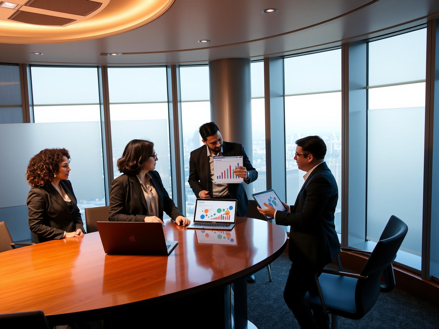 four-professionals-engaged-in-revenue-forecasting-discussion-in-a-high-rise-executive-boardroom