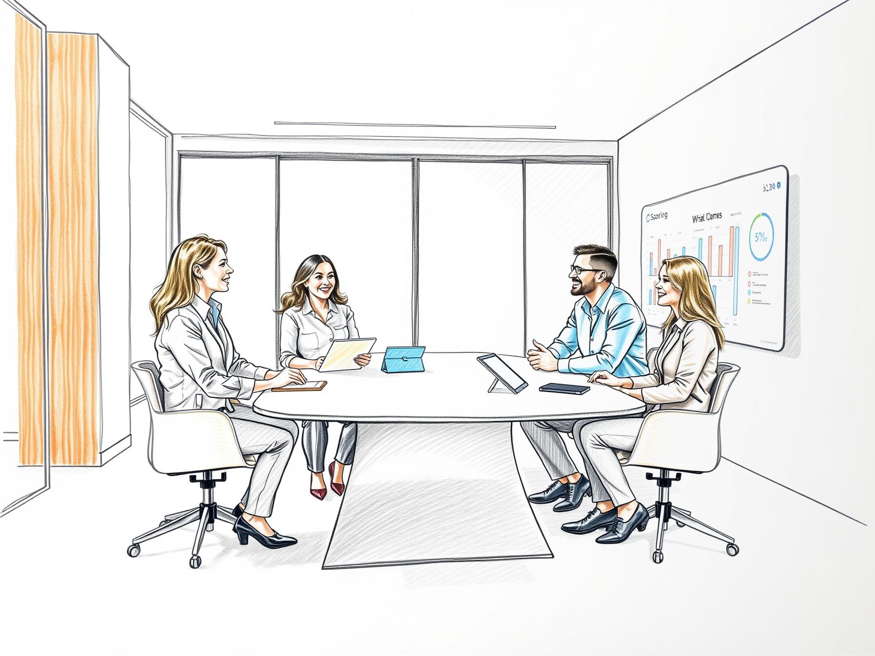 Four diverse business professionals collaborating around a conference table in a modern office setting four-diverse-business-professionals-collaborating-around-a-conference-table-in-a-modern-office-setting