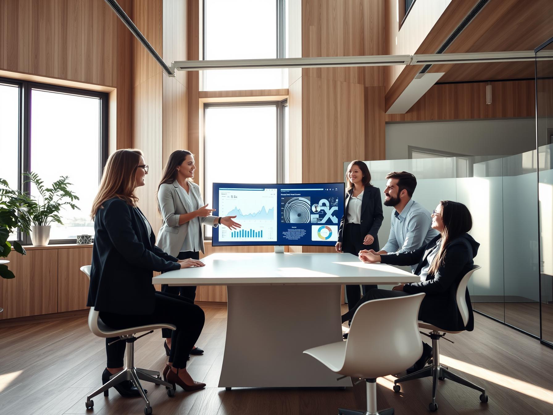 Four diverse professionals collaborating around a digital display in a Scandinavian-tech innovation lab Four professionals collaborating in a bright Scandinavian-tech innovation lab with digital display