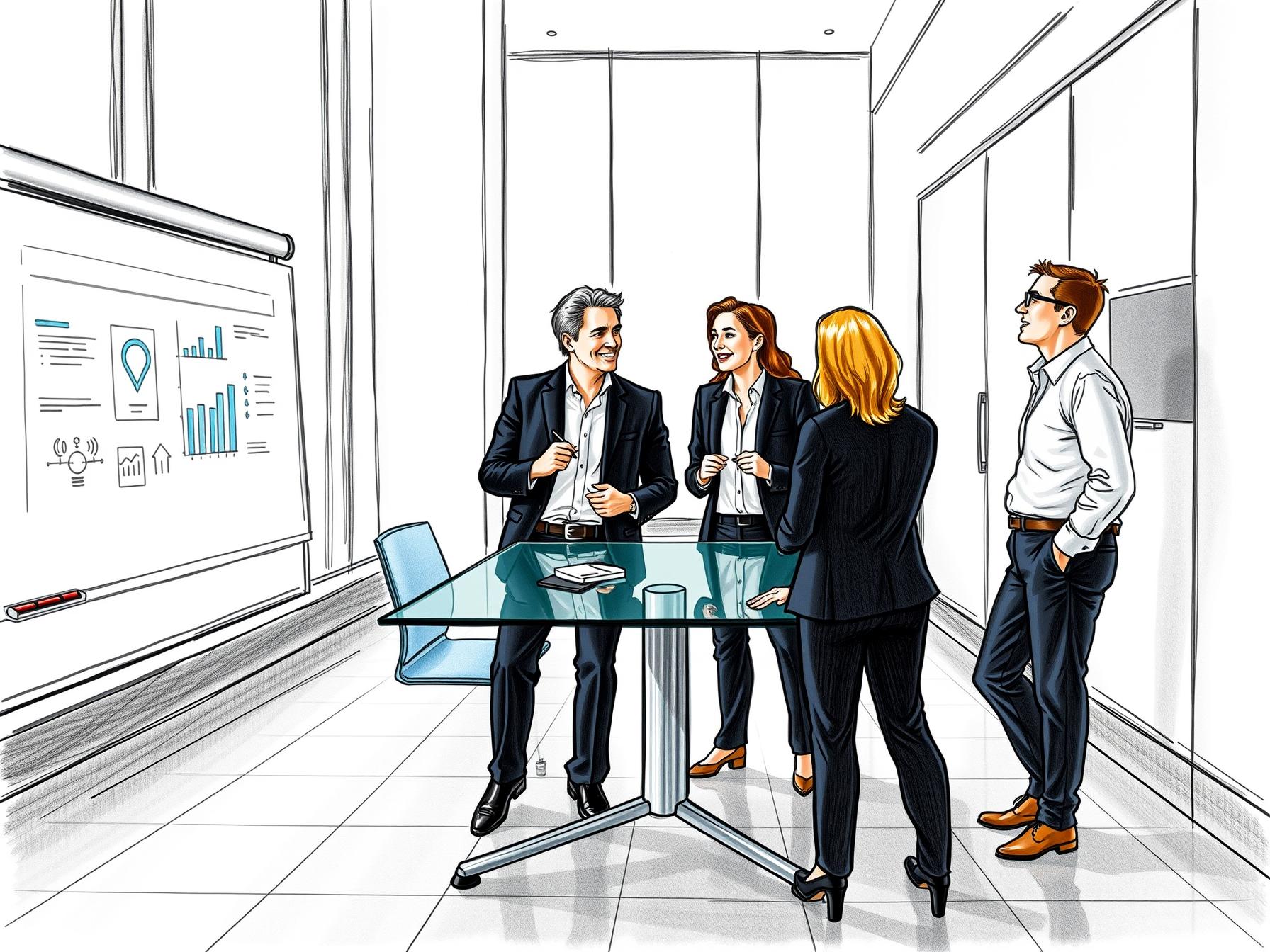 Four diverse business professionals collaborating on revenue intelligence at a modern office conference table four-diverse-business-professionals-collaborating-on-revenue-intelligence-at-a-modern-office-conference-table