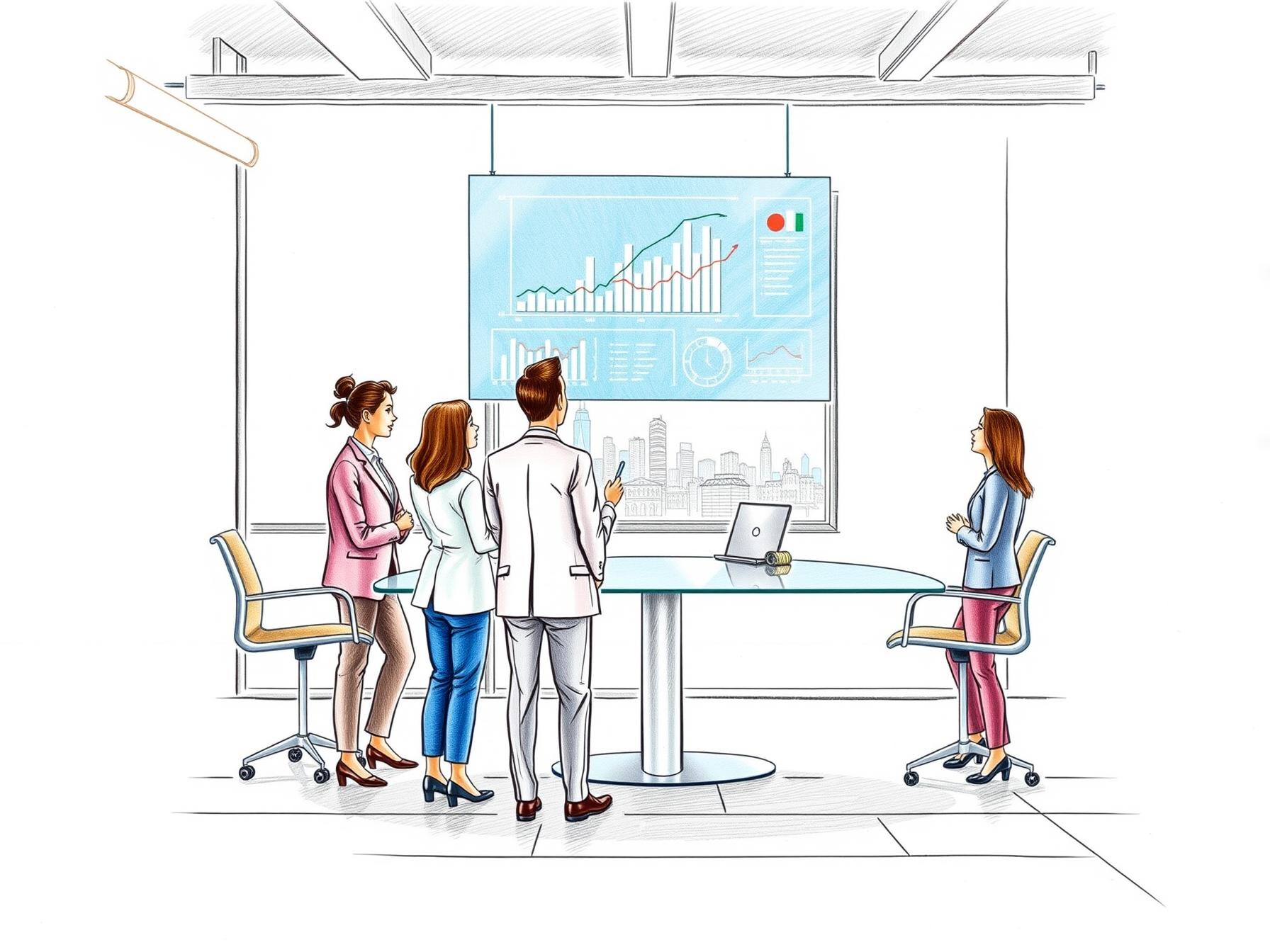 Four business professionals collaborating with digital data dashboard in modern office environment four-business-professionals-collaborating-with-digital-data-dashboard-in-modern-office-environment