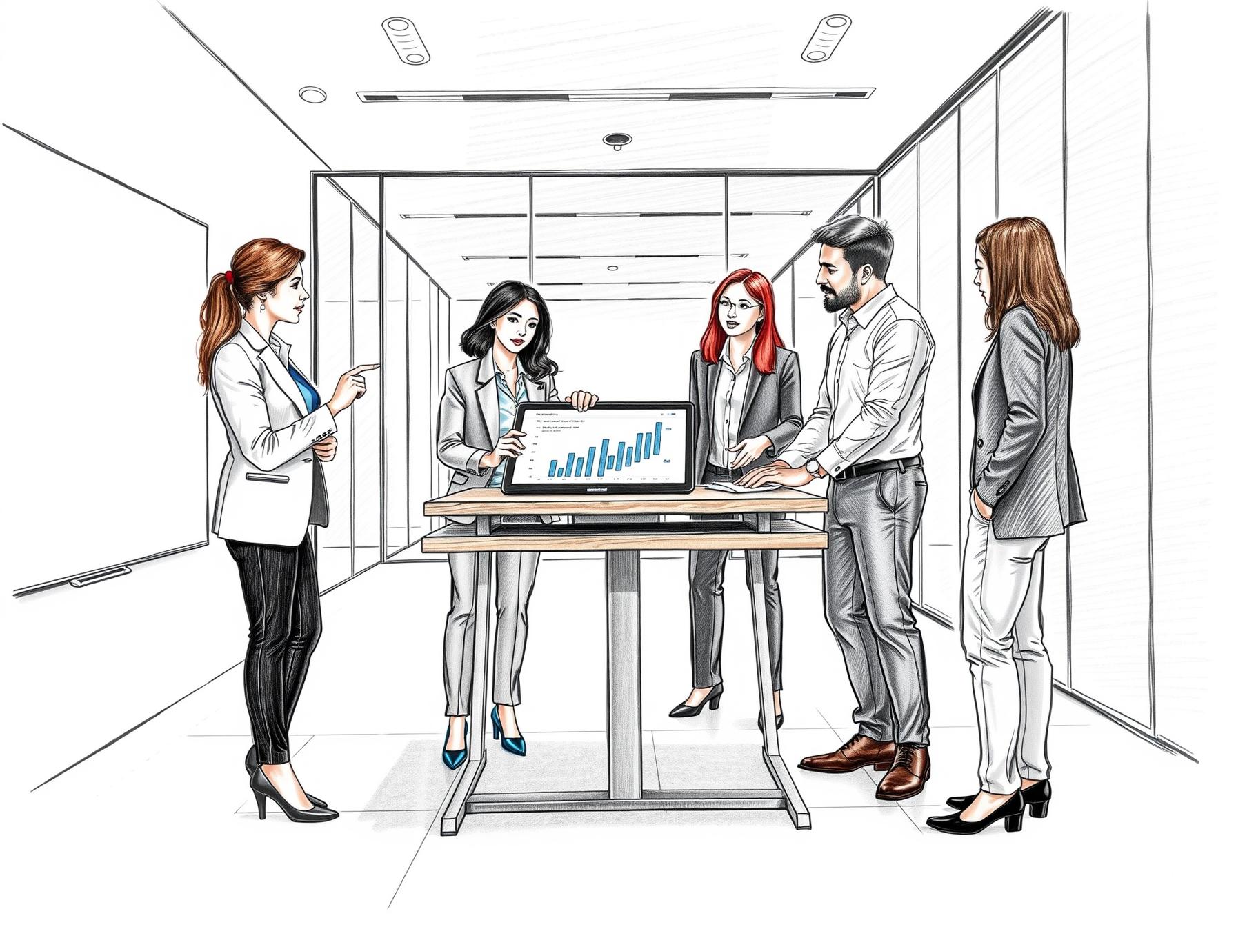 Four business professionals collaborating around a digital tablet in a modern office interior four-business-professionals-collaborating-around-a-digital-tablet-in-a-modern-office-interior