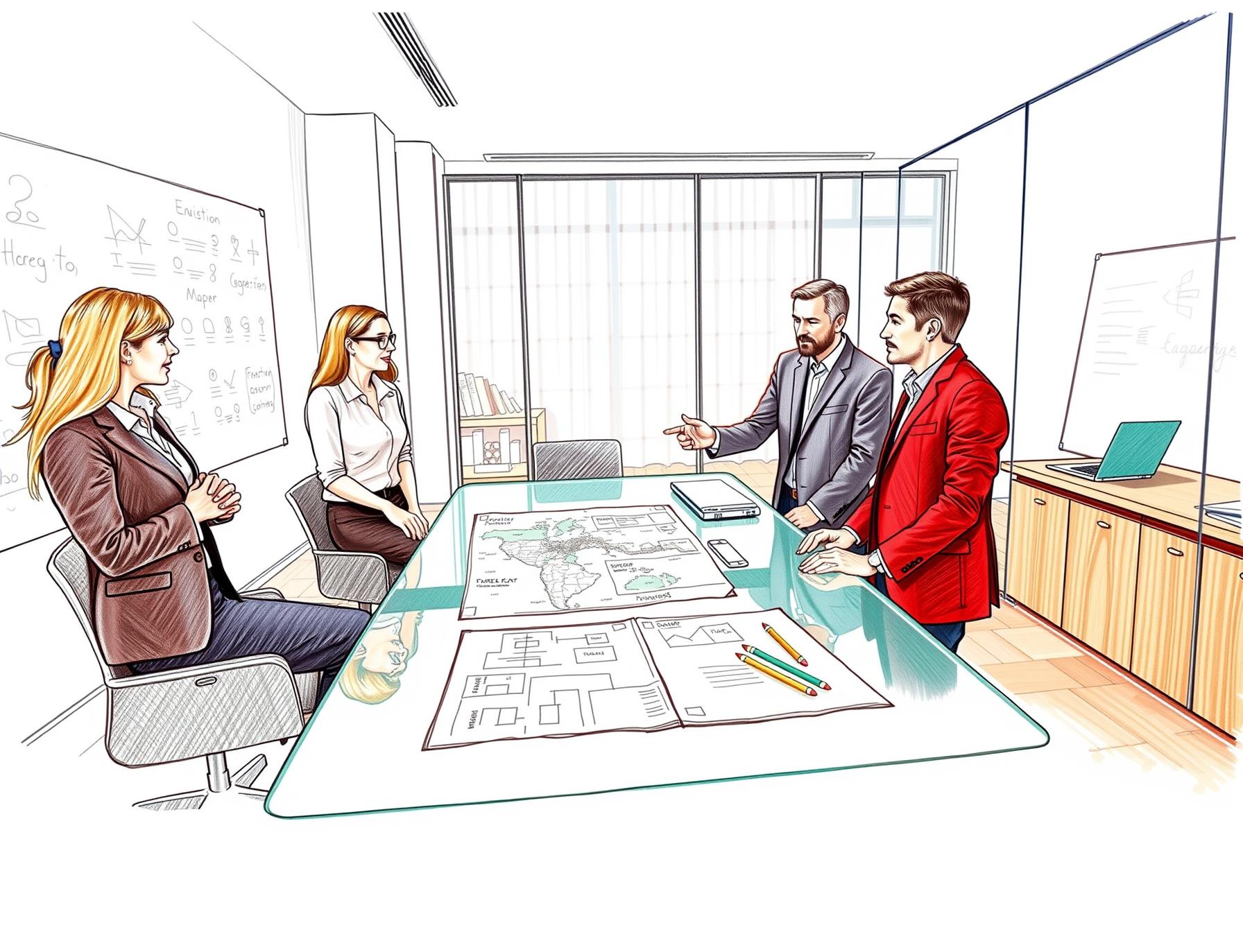 Four business professionals collaborating on compensation and territory design in a modern office setting four-business-professionals-collaborating-on-compensation-and-territory-design-in-a-modern-office-setting