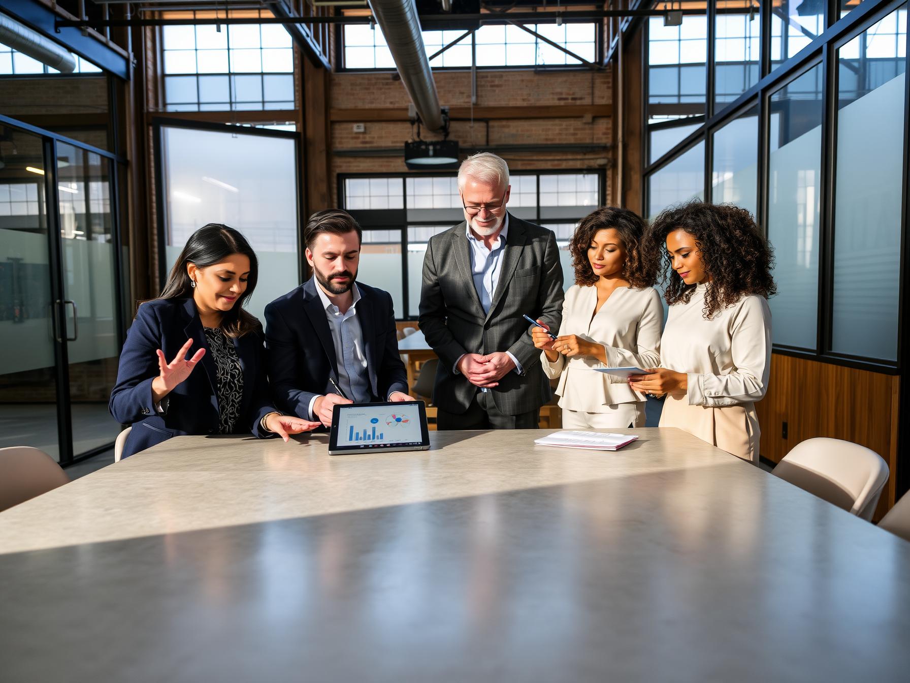 Four professionals collaborating in an industrial-luxury workspace fostering cross-department growth four-professionals-collaborating-in-an-industrial-luxury-workspace-fostering-cross-department-growth
