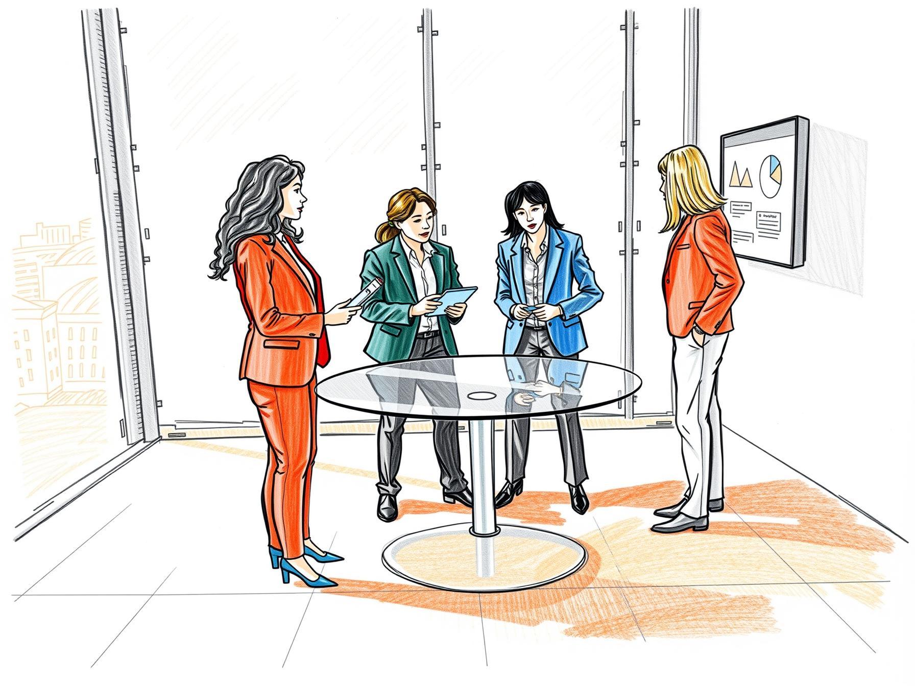 Four business professionals collaborating on stakeholder engagement in a modern office setting. four-business-professionals-collaborating-on-stakeholder-engagement-in-a-modern-office-setting