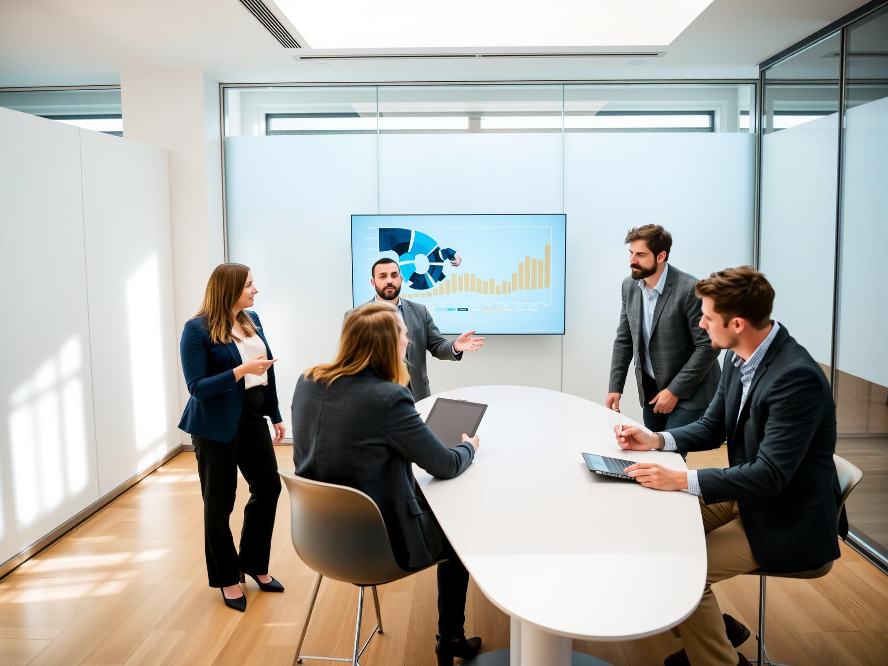Four diverse professionals collaborating on sales pipeline optimization in Scandinavian-tech innovation lab Four professionals in Scandinavian innovation lab discussing sales pipeline on transparent touchscreen