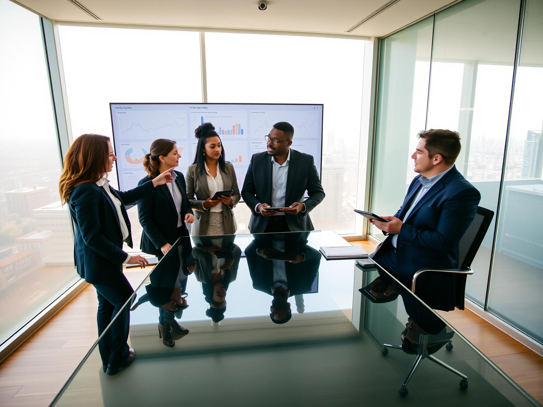 four-diverse-professionals-collaborating-on-customer-centric-territory-management-in-a-high-rise-executive-boardroom