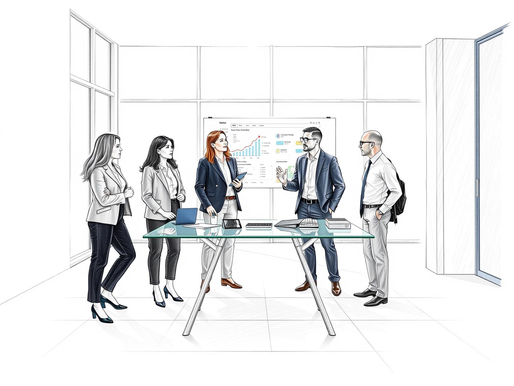 four-diverse-business-professionals-collaborating-around-digital-sales-technology-tools-in-a-bright-modern-office