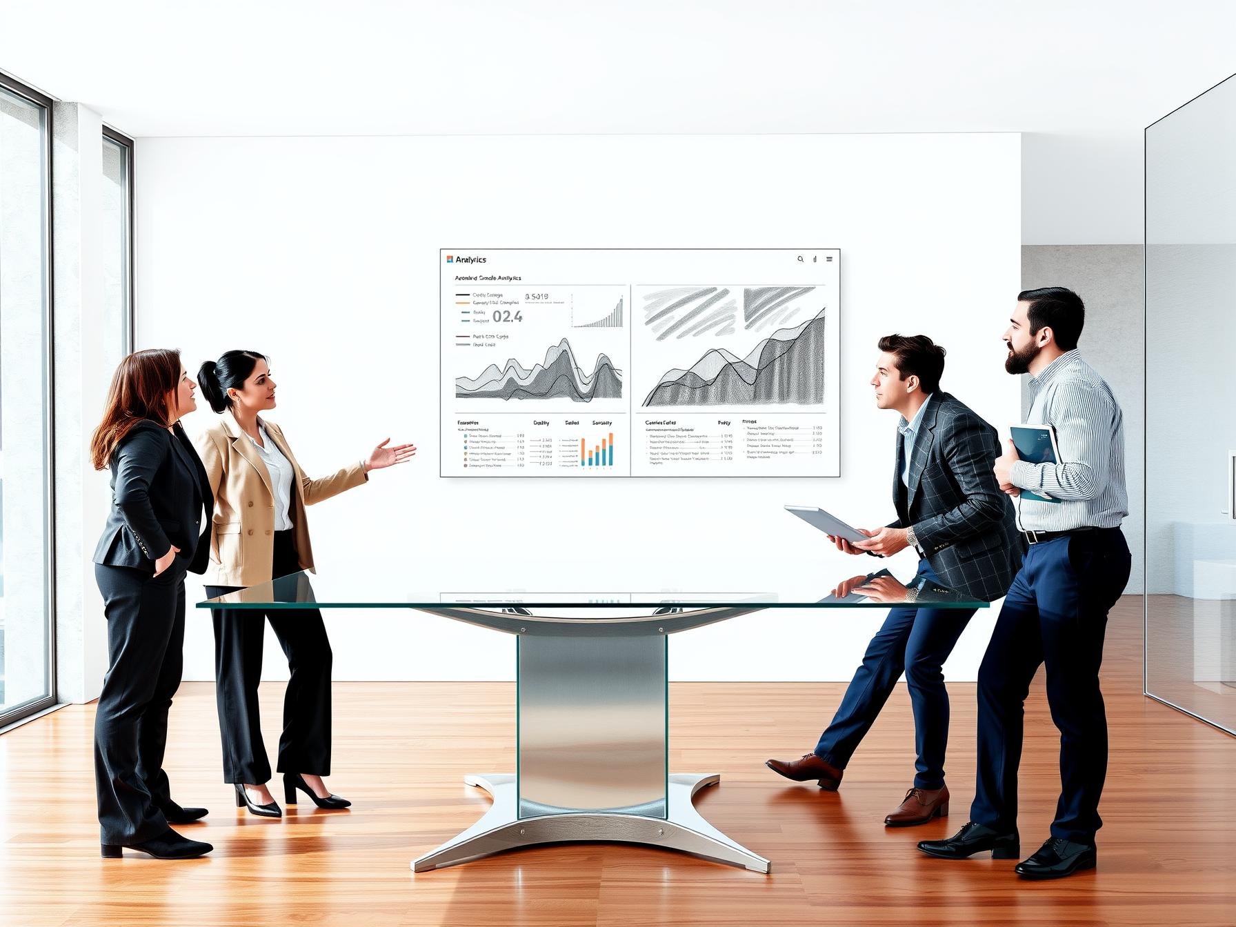 Four diverse professionals collaborating on cross-department data analytics in modern office interior four-diverse-professionals-collaborating-on-cross-department-data-analytics-in-modern-office-interior