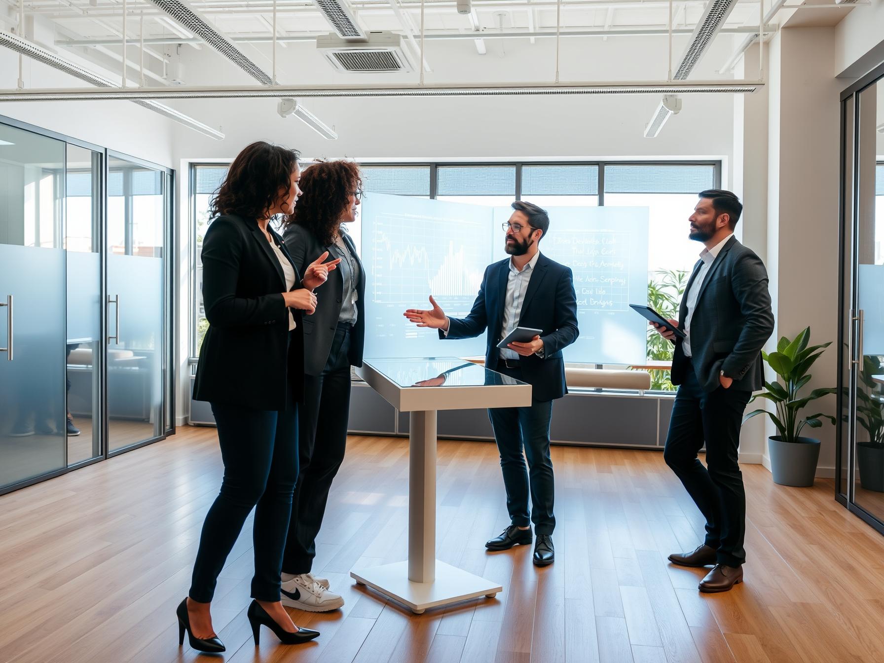 Four professionals collaborating on digital displays in a Scandinavian-tech innovation lab with natural light Optimizing Sales Performance Through Data-Driven Insights