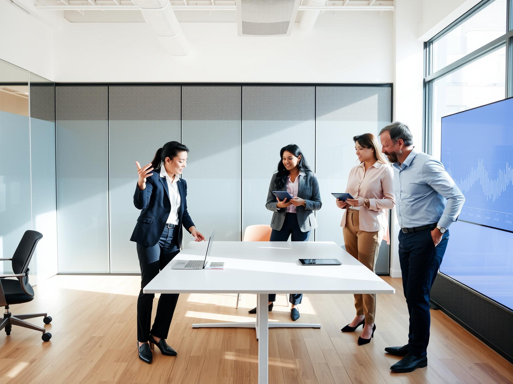 Four diverse professionals collaborating around a table in a Scandinavian-tech innovation lab with digital displays and natural daylight four-diverse-professionals-collaborating-around-a-table-in-a-scandinavian-tech-innovation-lab-with-digital-displays-and-natural-daylight