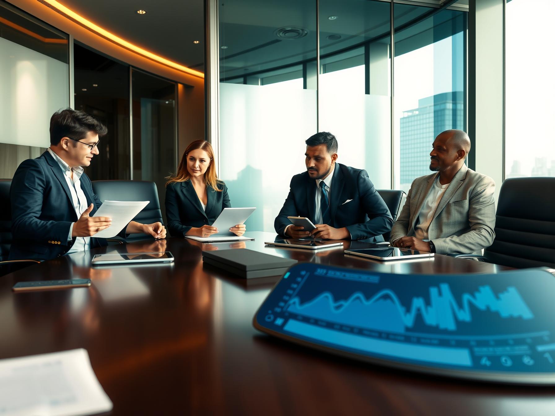 four-professionals-engaged-in-regulatory-compliance-discussion-in-a-high-rise-executive-boardroom